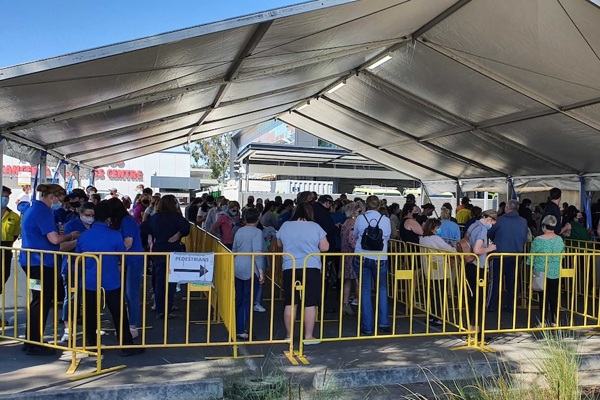 A large line for coronavirus testing outside GV Health at the Shepparton Hospital.