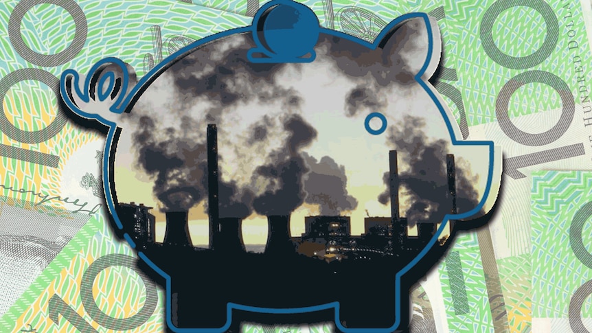 A graphic of a piggy bank with smoking chimneys with dollar notes in the background