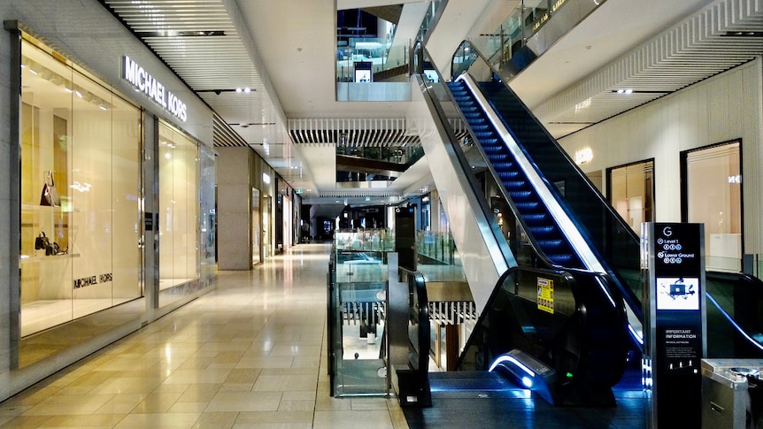 A largely empty interior of a shopping complex in Melbourne's CBD.