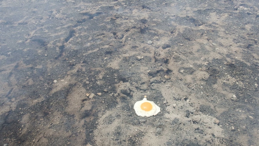 an egg cooking on burning, black ground.
