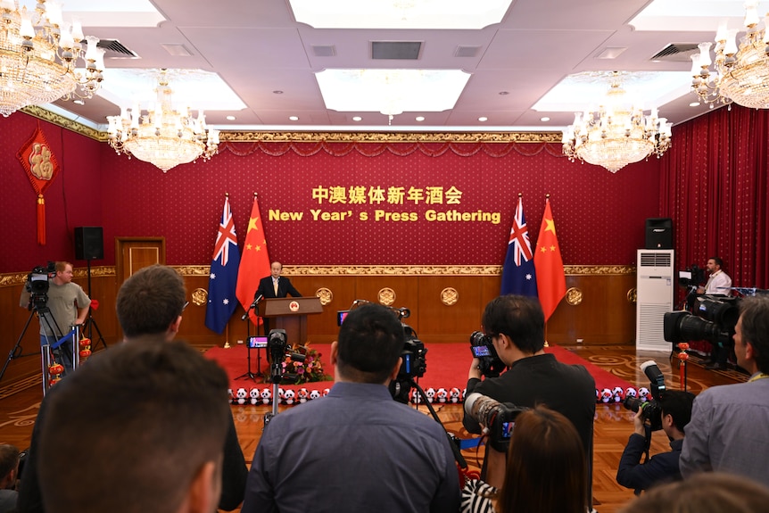 Chinese Ambassador to Australia Xiao Qian addresses the media during the New Year’s Press Gathering at the Chinese Embassy