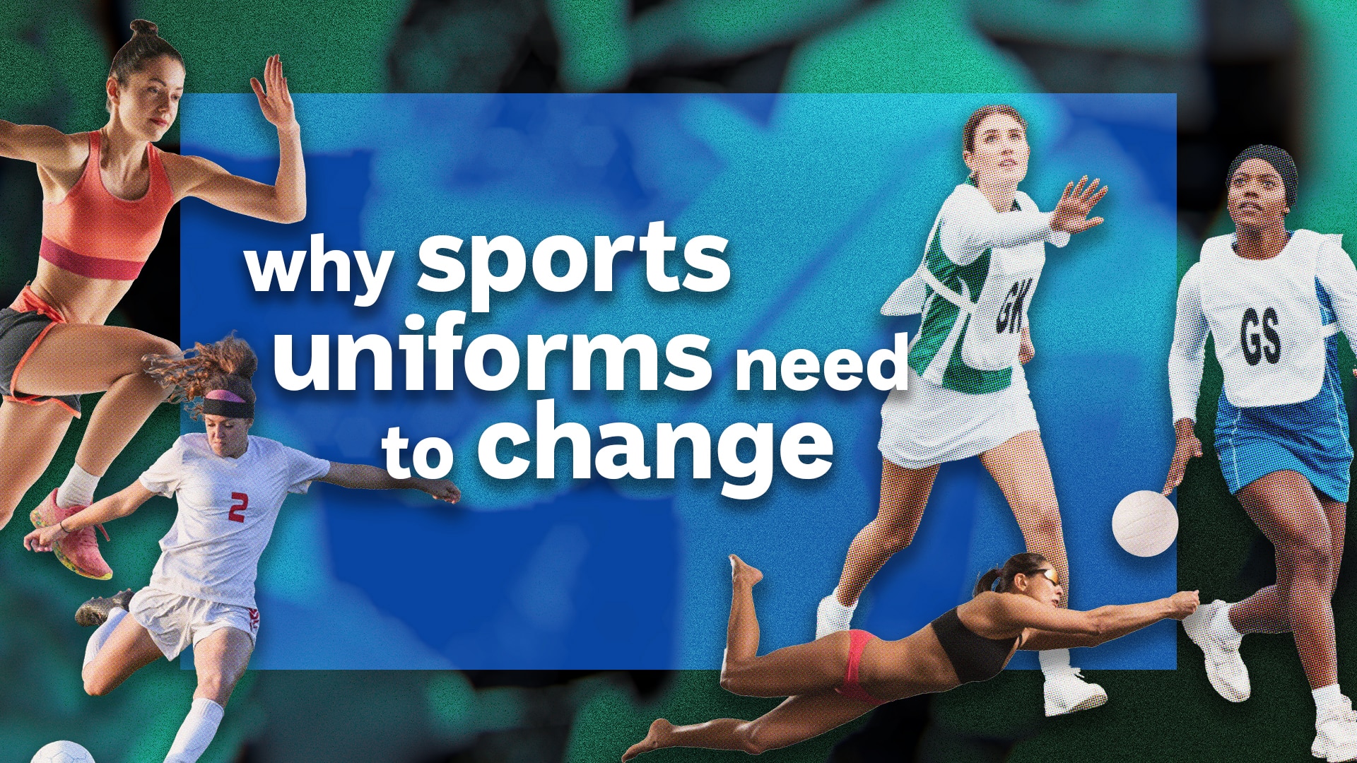 Women in sports uniforms playing various sports like volleyball, soccer, netball and athletics.