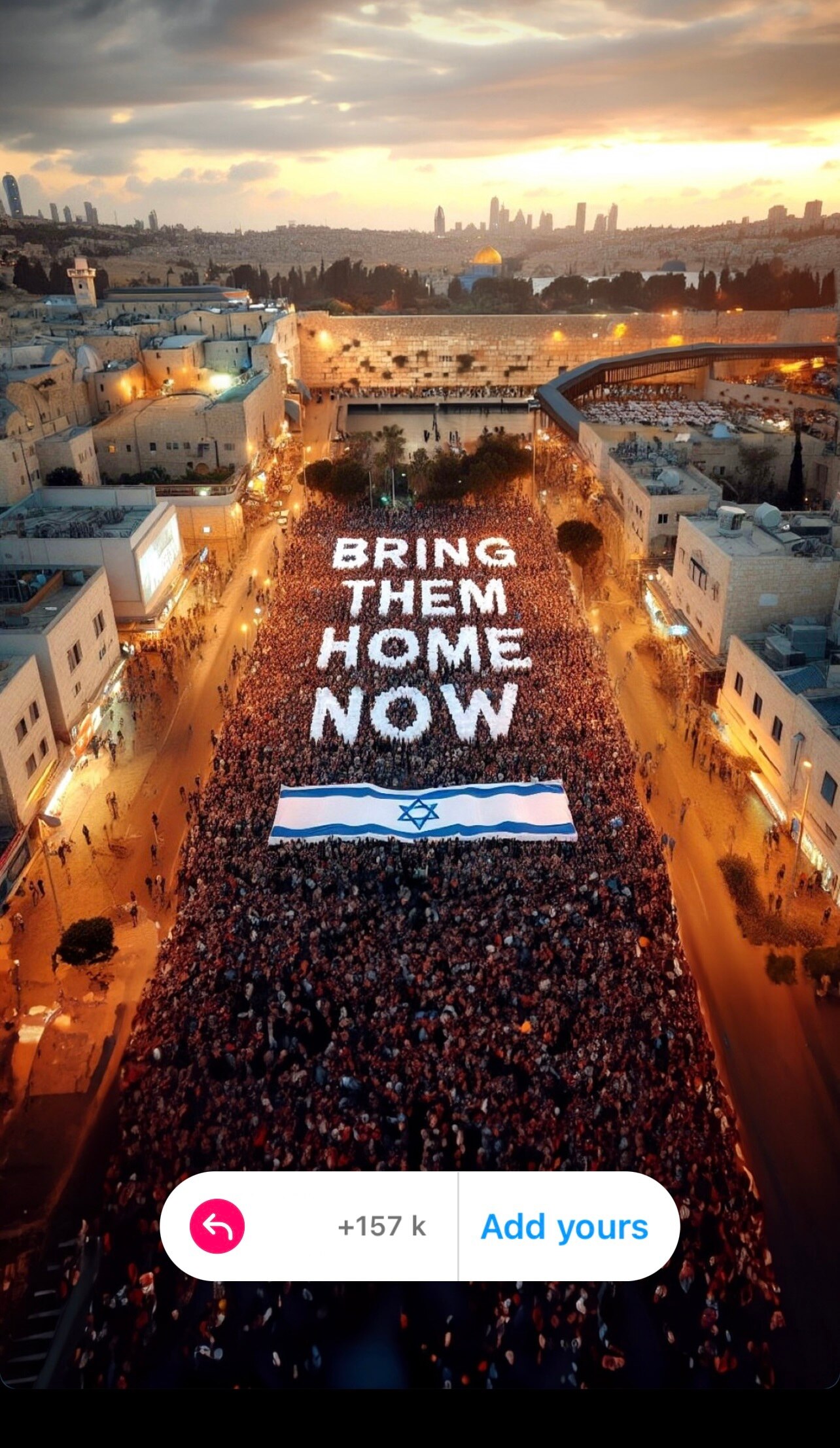 An AI generated image showing a crowd of people with the text bring them home now and the Israeli flag 
