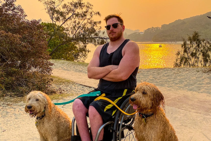 A man wearing sunglasses at the beach sits in a wheelchair with a dog sitting either side and the water and sunrise behind him 