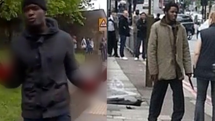 BLURRED TV still of the two suspects in the terror attack in Woolwich, London