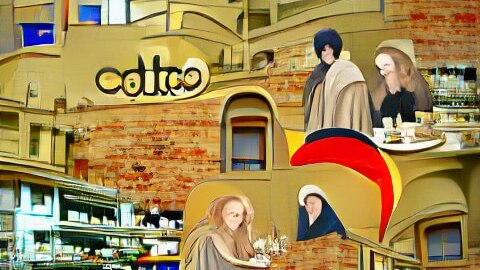 An AI-generated image of a Melbourne cafe. People are sitting with cups of coffee against a backdrop of brick.