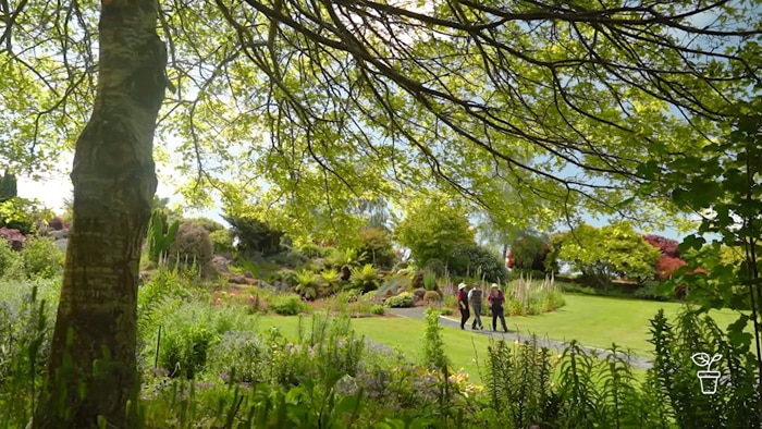 Three people walking through a large, country-style cottage garden