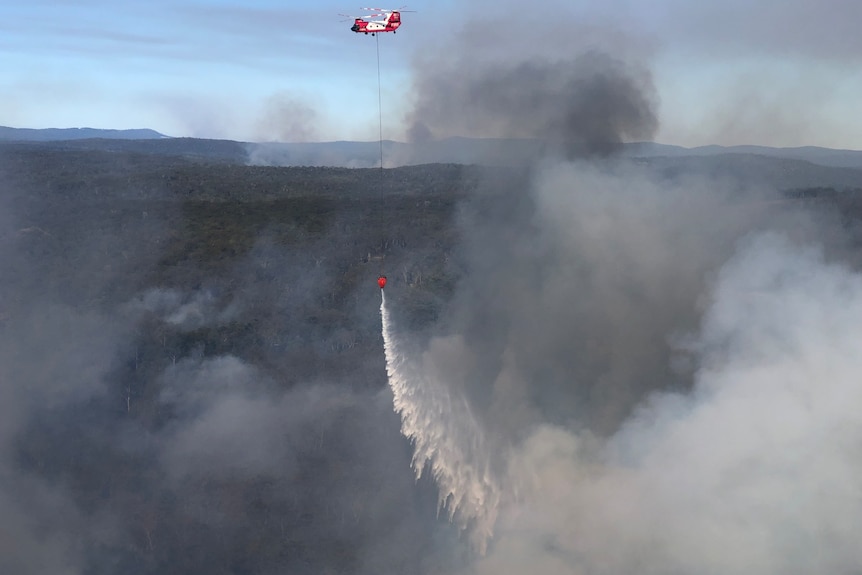 A fire fighting helicopter in the air, water bombing a blaze in bushland.