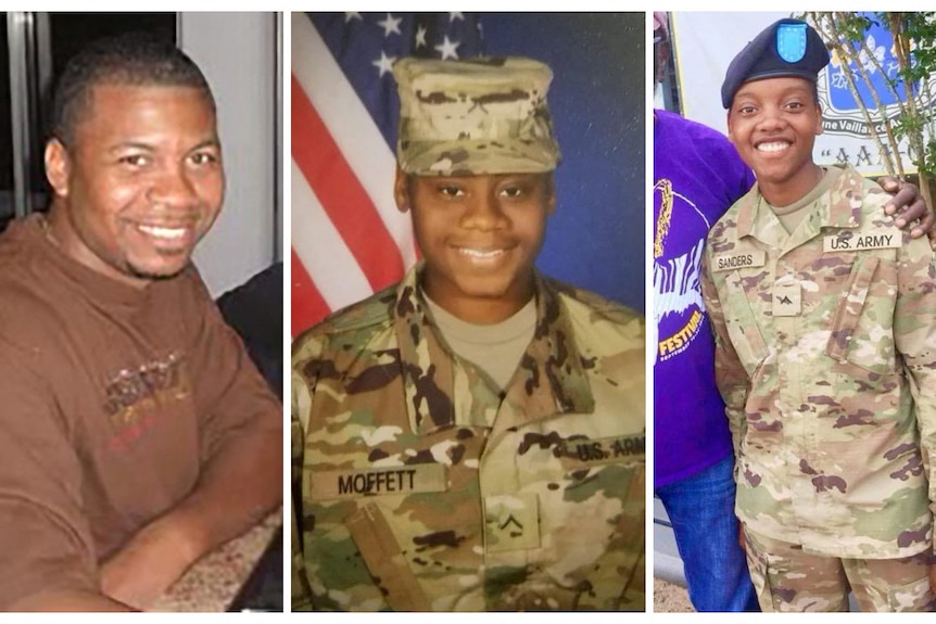 A man wears a brown jumper, and two young women wear military uniforms, in three separate photographs.