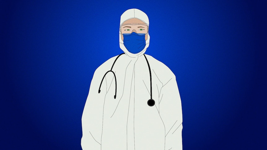 A llistration of someone in PPE. with a blue mask