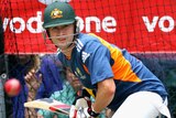 Eyes on the ball... Michael Clarke bats in the nets at the Gabba.