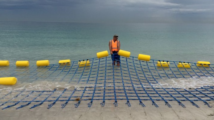 The eco shark barrier is installed in the waters off Ballina.
