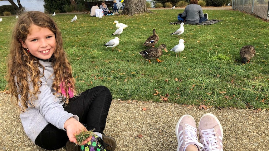 Marley Dowde sitting near ducks at Huonville's Esplanade park.