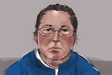 A sketch of Erin Patterson wearing a blue jumper and thin framed black glasses with her hair tied back. 