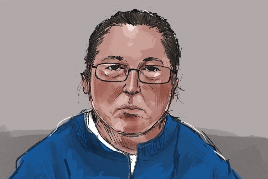 A sketch of Erin Patterson wearing a blue jumper and thin framed black glasses with her hair tied back. 