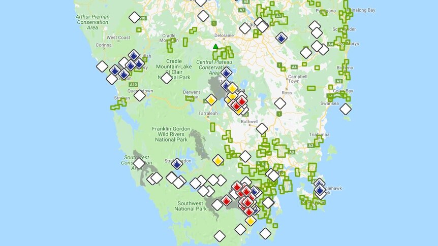 A map showing the latest bushfires in Tasmania.