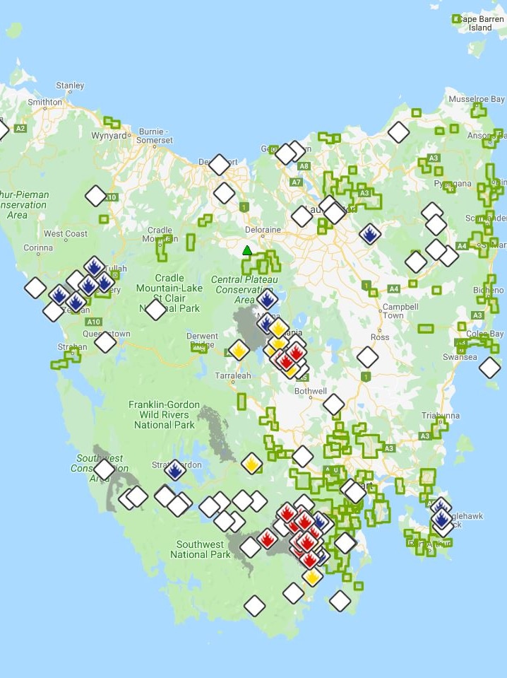 A map showing the latest bushfires in Tasmania.
