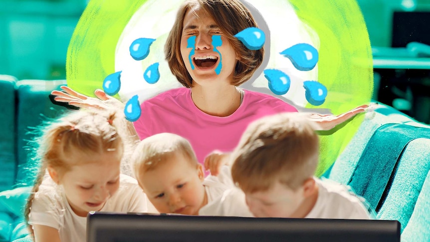 Photograph of a mum sitting behind three small children watching TV, the mum with exaggerated cartoon tears around her face.