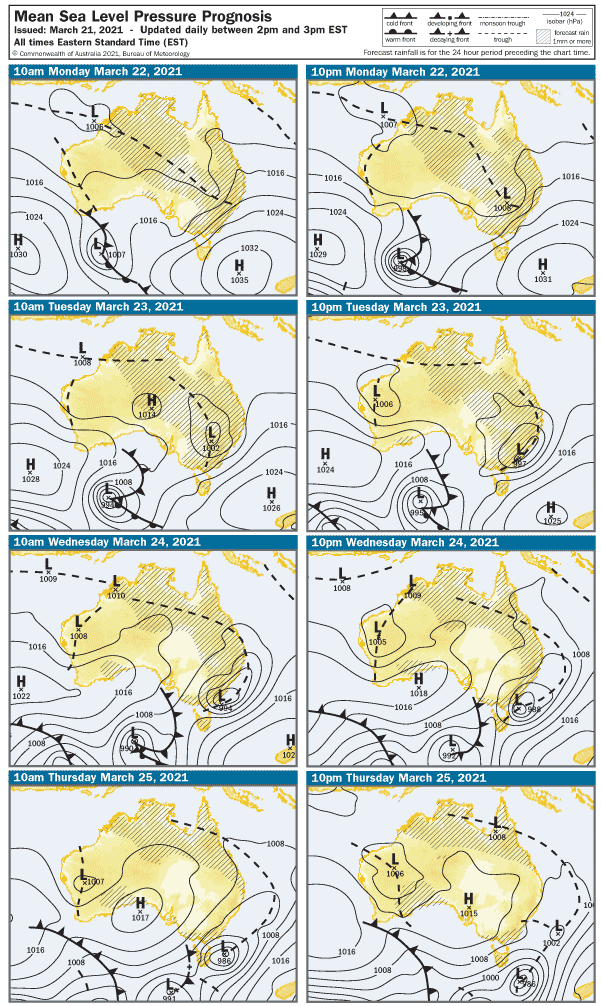 Series of synoptic charts showing the progression of tropical trough and rain moving across Monday - Thursday