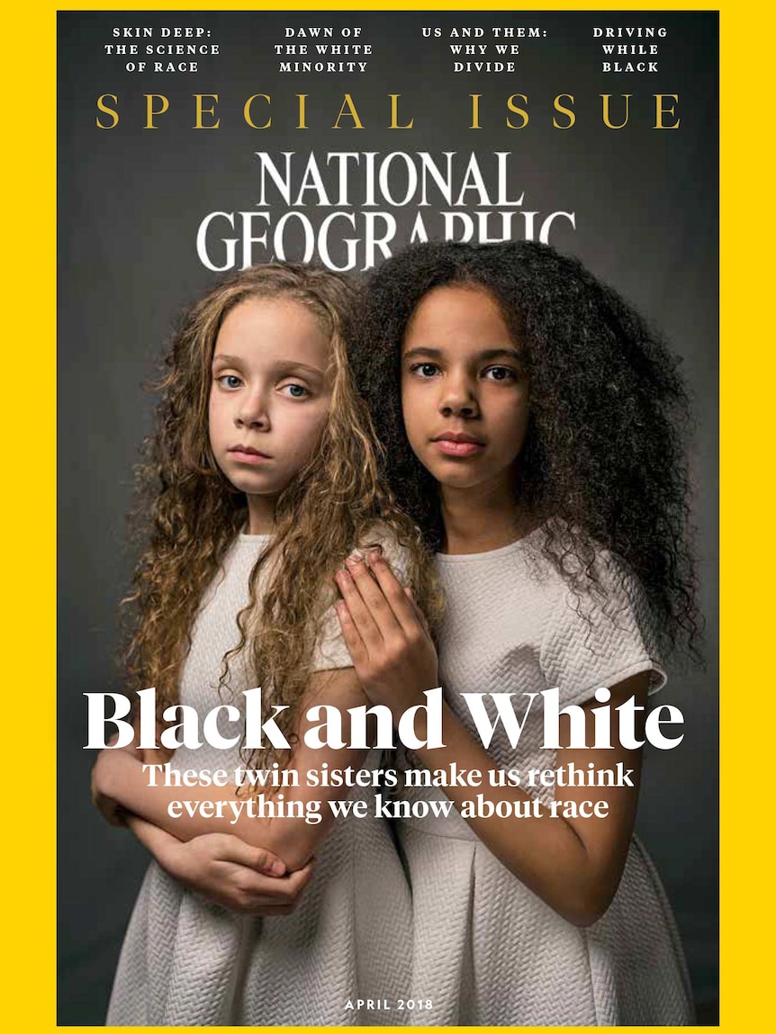 Front cover of the race issue of the national geographic magazine featuring twin sisters with different skin tones