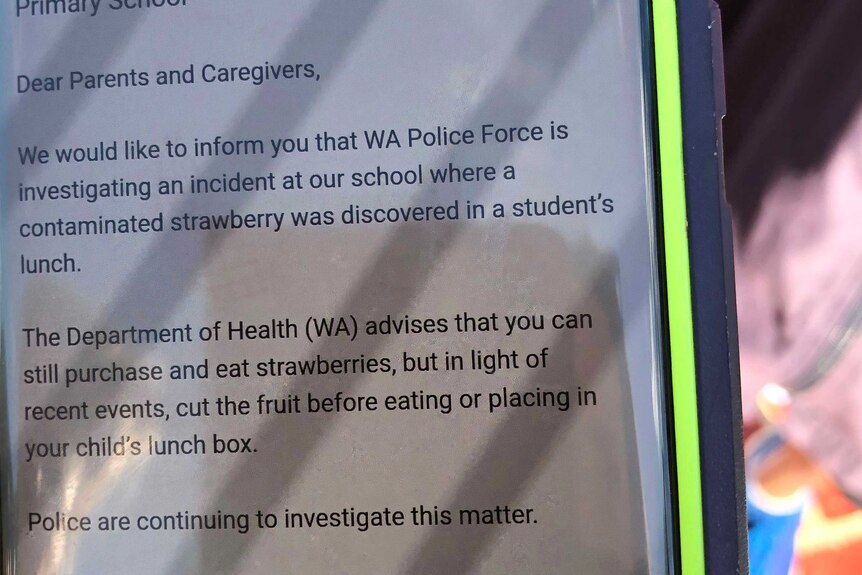 An email about a contaminated strawberry viewed on a mobile phone.