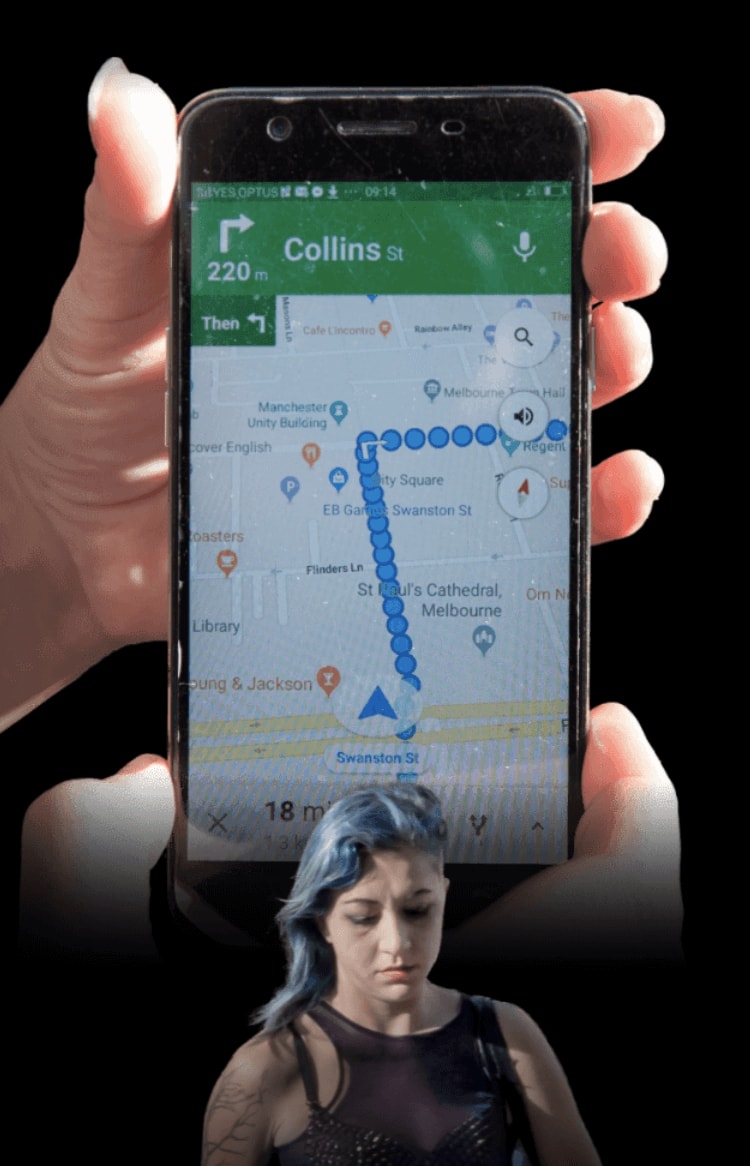 Lisa's screen, featuring Google Maps directions to Collins Street.