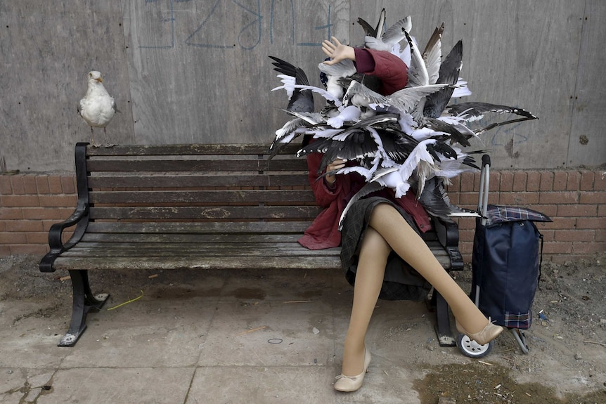 Seagull on woman sculpture at Dismaland