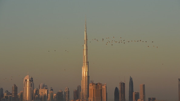 Colour photograph of the Dubai skyline.