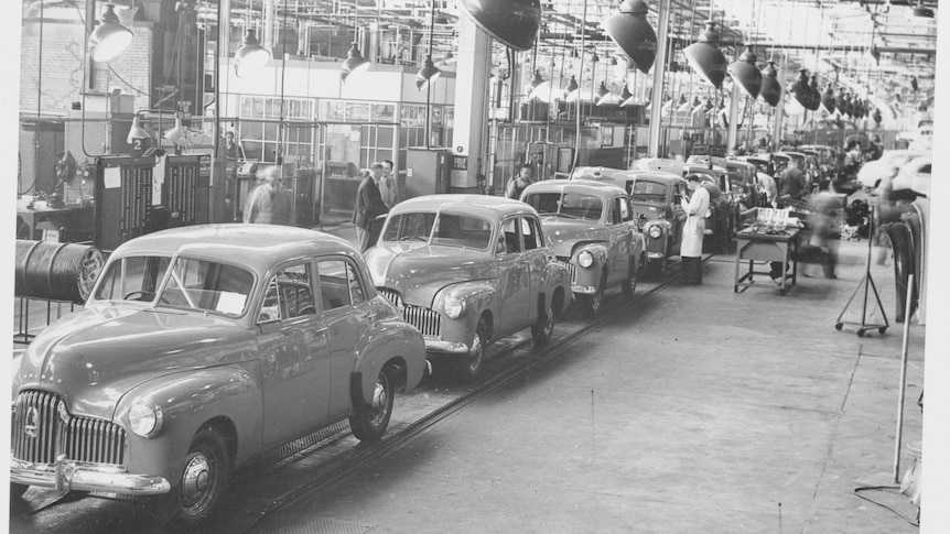 row of Holden sedans coming off production line