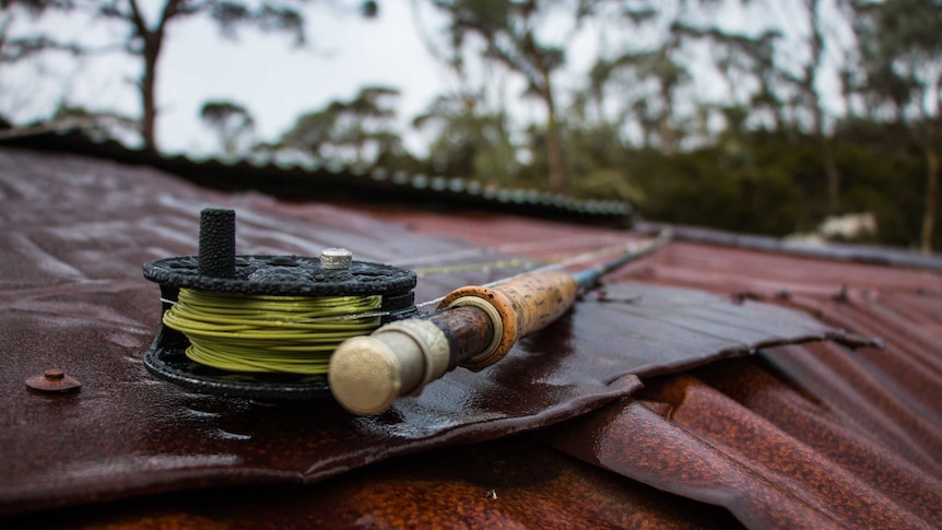 A fishing rod sits on top of a corrugated iron hut roof covered in morning dew.