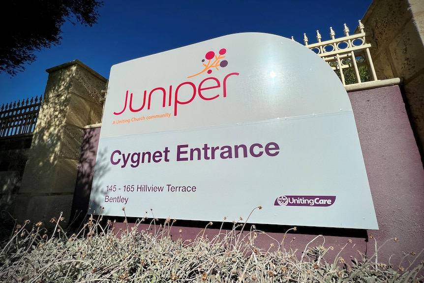 A close up of the sign at the entrance to Juniper's Cygnet aged care facility in Bentley.