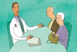 An illustration shows a doctor talking to an elderly couple in his office.