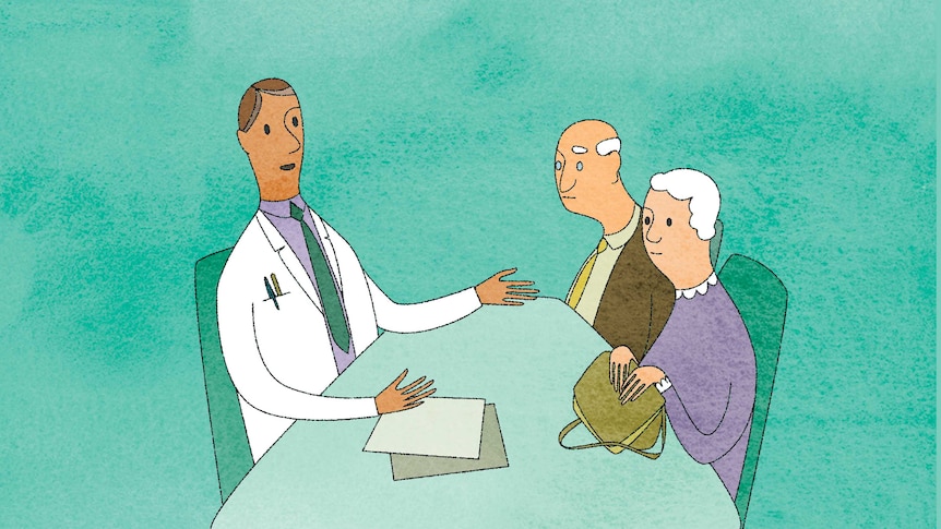 An illustration shows a doctor talking to an elderly couple in his office.