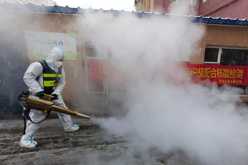 Un trabajador de la salud rocía productos químicos desinfectantes en la calle
