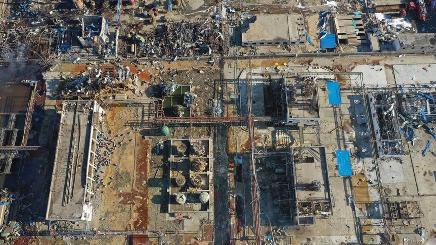 An aerial view shows burnt out remains on the ground after the fires were extinguished.