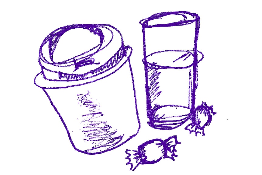 A blue-and-white illustration of a coffee cup, water and some lollies depicting habits that might be contributing to your stress