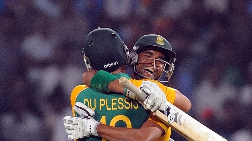 South Africa's Faf du Plessis and Robin Peterson celebrate their World Cup win over India in 2011.