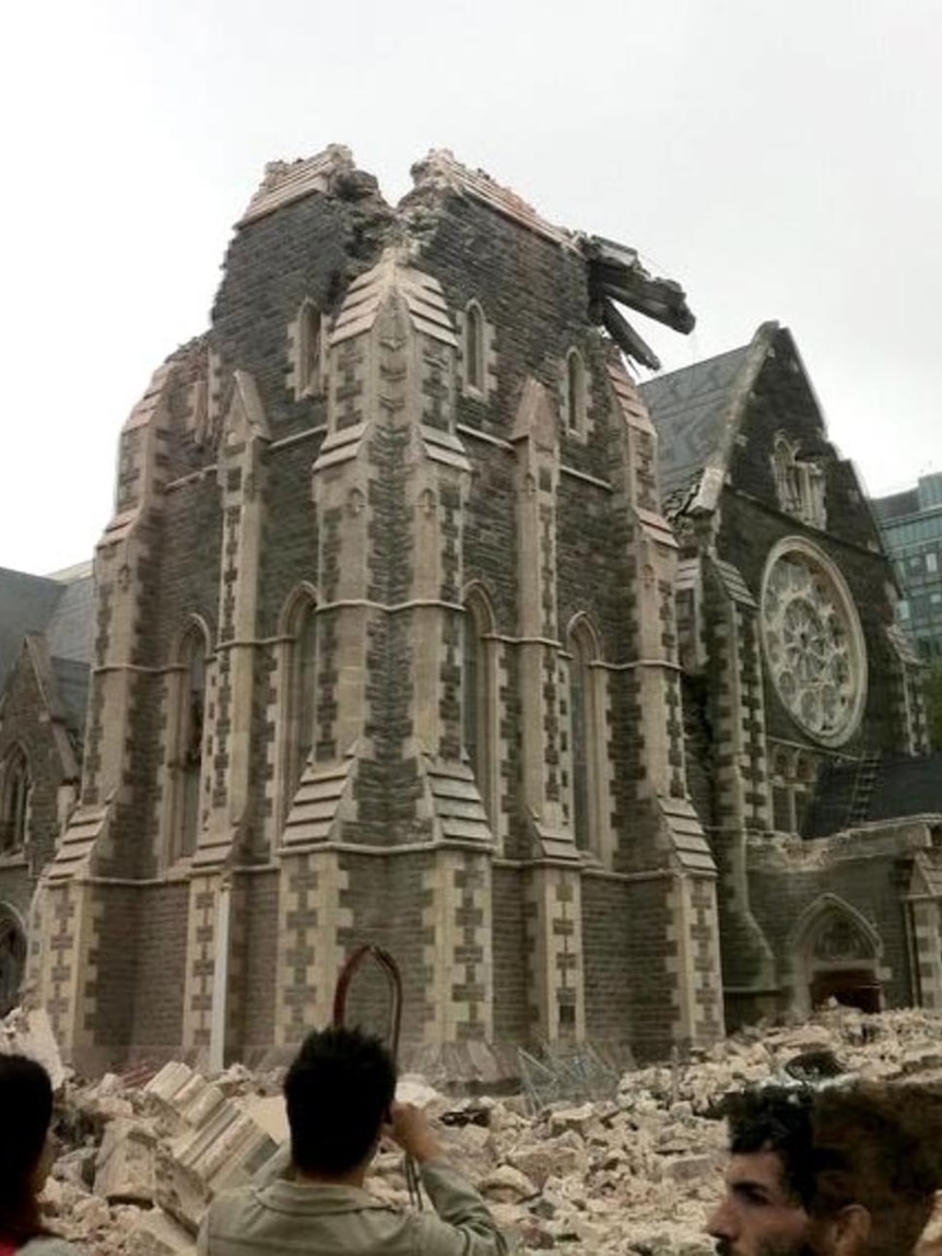 Christchurch Cathedral lies in ruins after an earthquake struck Christchurch