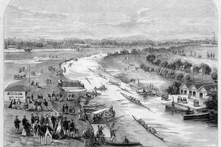 A black-and-white sketch of the Yarra River, with rowboats and people milling on the bank.
