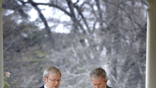 ime Minister Kevin Rudd speaks with US President George W Bush