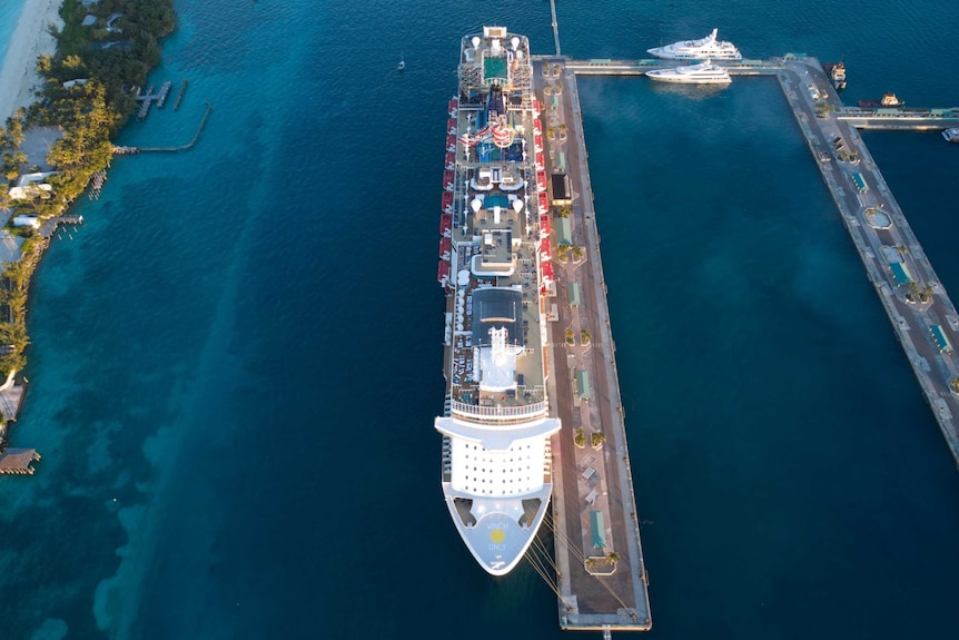 Aerial view of a cruise ship in the Bahamas.