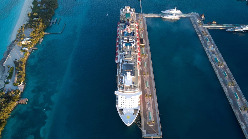 Aerial view of a cruise ship in the Bahamas.