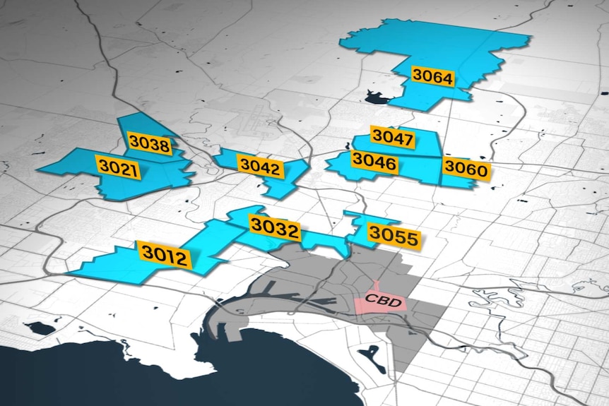 A graphic map of Melbourne, with 10 postcode areas highlighted.