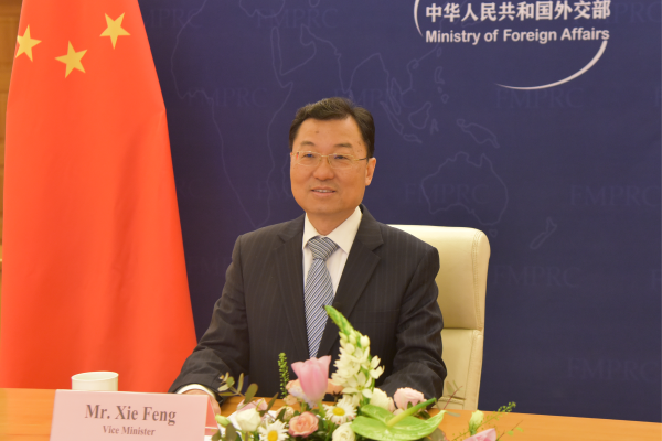 Chinese Vice Foreign Minister Xie Feng  sits at a desk next to China's national flag.