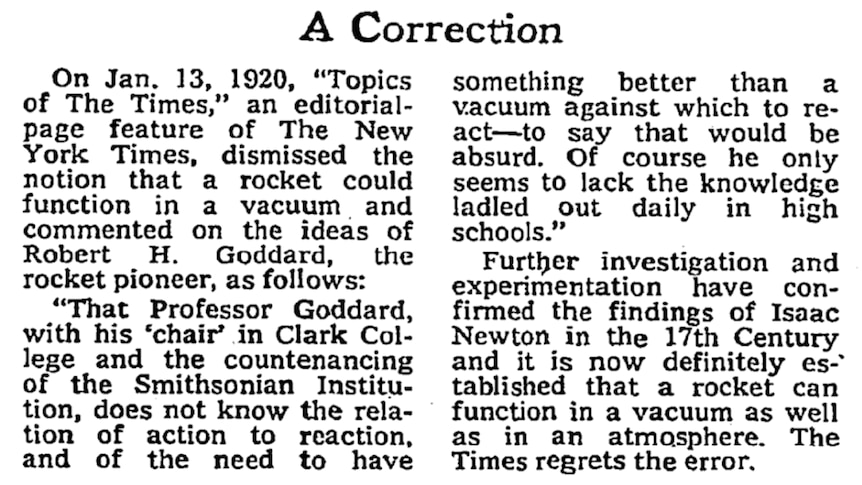 A screenshot of the New York Times's apology to Robert Goddard,