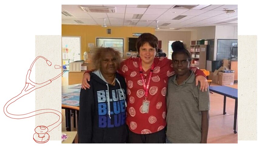 Dr Remenyi stands with her arms around Norma and Betty in a photo. Next to the photo is a drawing of a stethoscope.