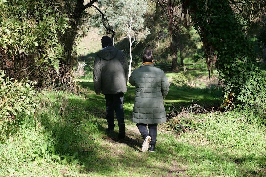 The back of a man and woman walking on grass under shade of trees. 