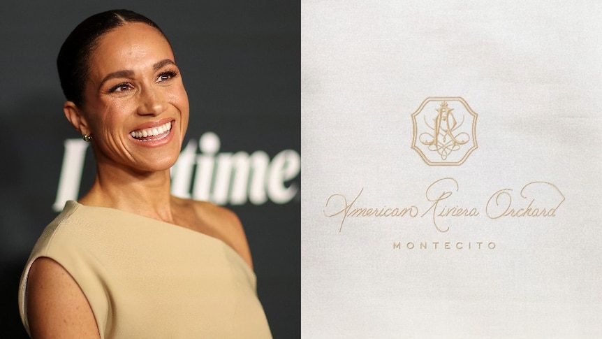 A composite of Meghan, Duchess of Sussex and the words American Riviera Orchard. 