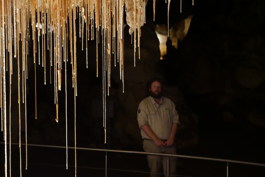 A man standing behind stalactites in a cave. 