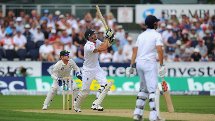 Kevin Pietersen hits out against Nathan Lyon on day one of the fourth Test at Chester-le-Street in Durham.